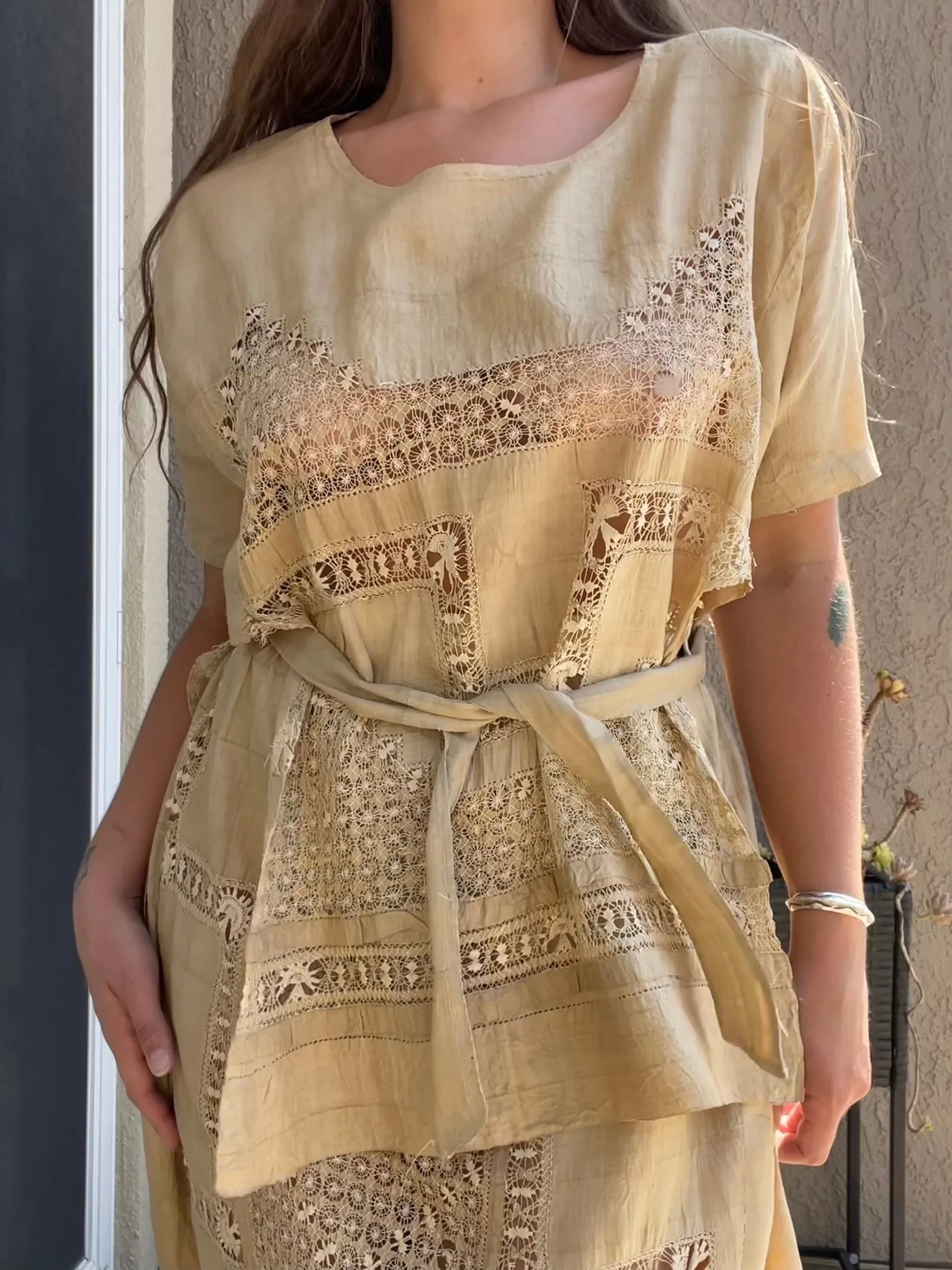 Late Teens, Early 1920s Raw Silk Spider Web Drawnwork Two Piece Dress Set