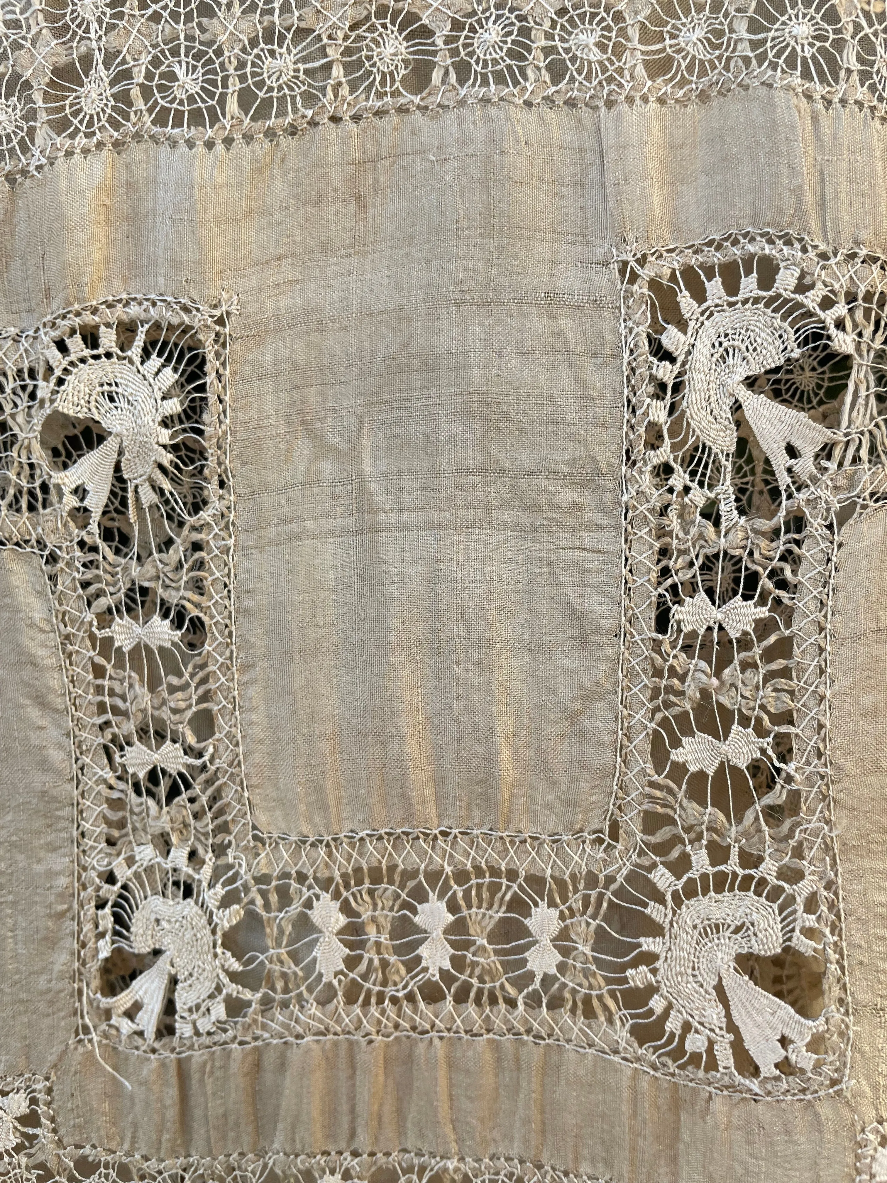 Late Teens, Early 1920s Raw Silk Spider Web Drawnwork Two Piece Dress Set