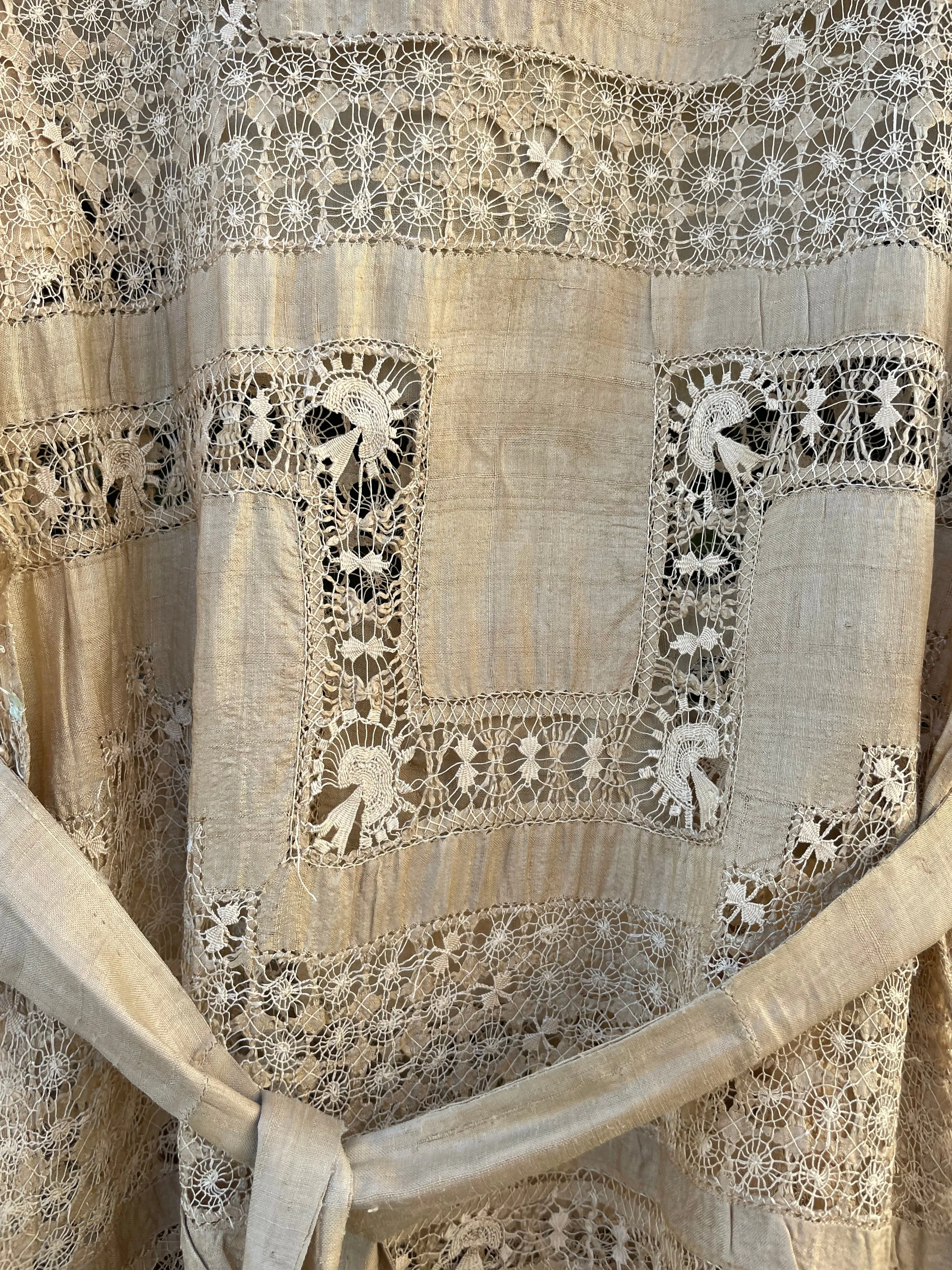 Late Teens, Early 1920s Raw Silk Spider Web Drawnwork Two Piece Dress Set