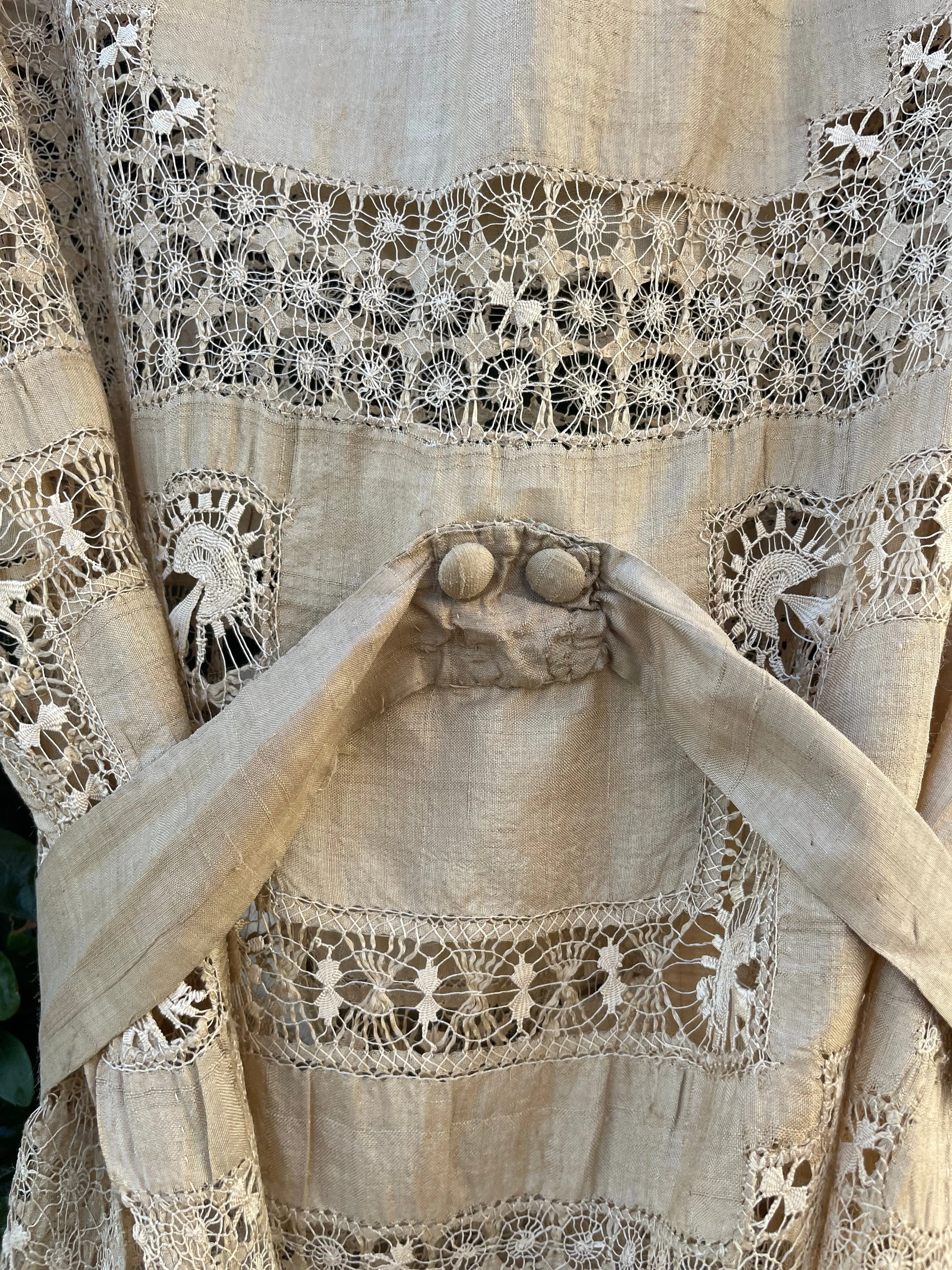 Late Teens, Early 1920s Raw Silk Spider Web Drawnwork Two Piece Dress Set