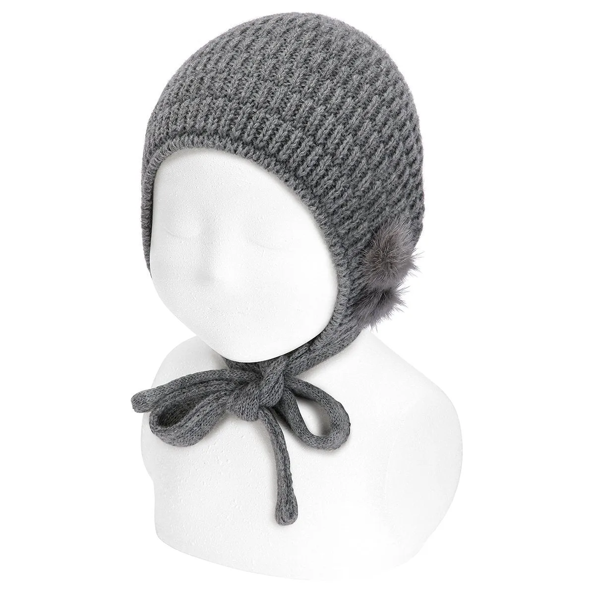 Light Grey Knitted Bonnet with Pom Poms