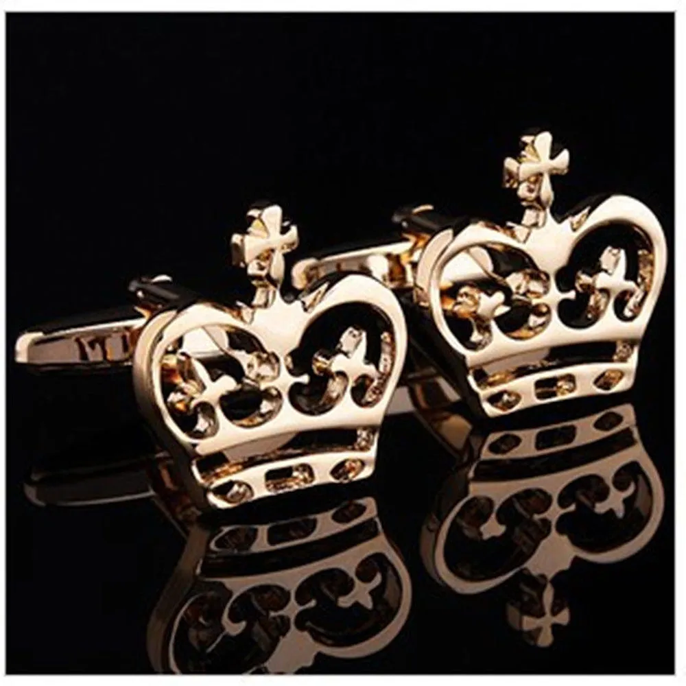 Men's Stainless Steel Gold Crowns Cufflinks with Box