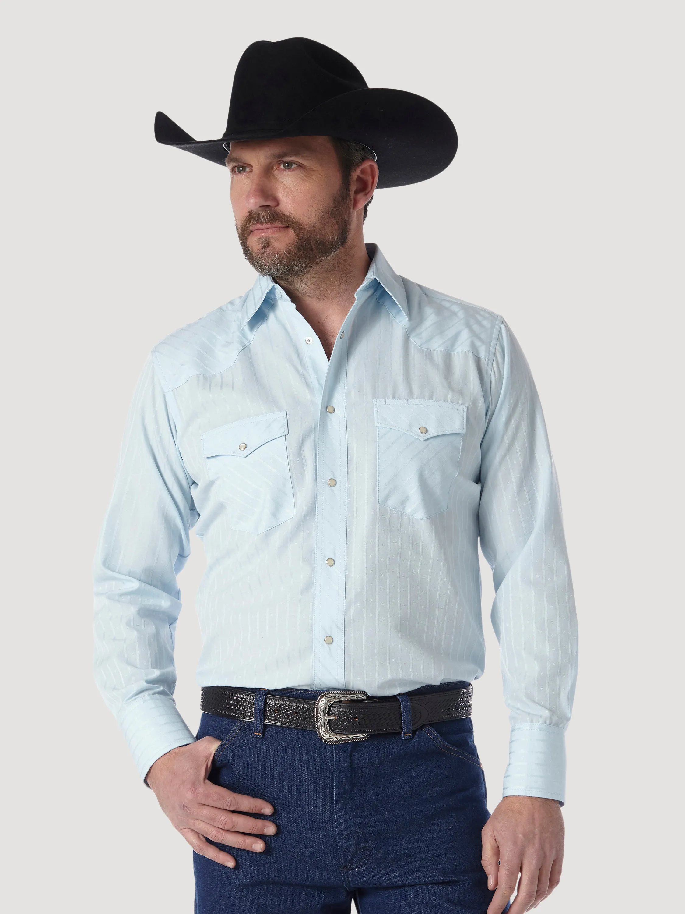 Men's Wrangler Blue Tone on Tone Stripe Western Snap Shirt