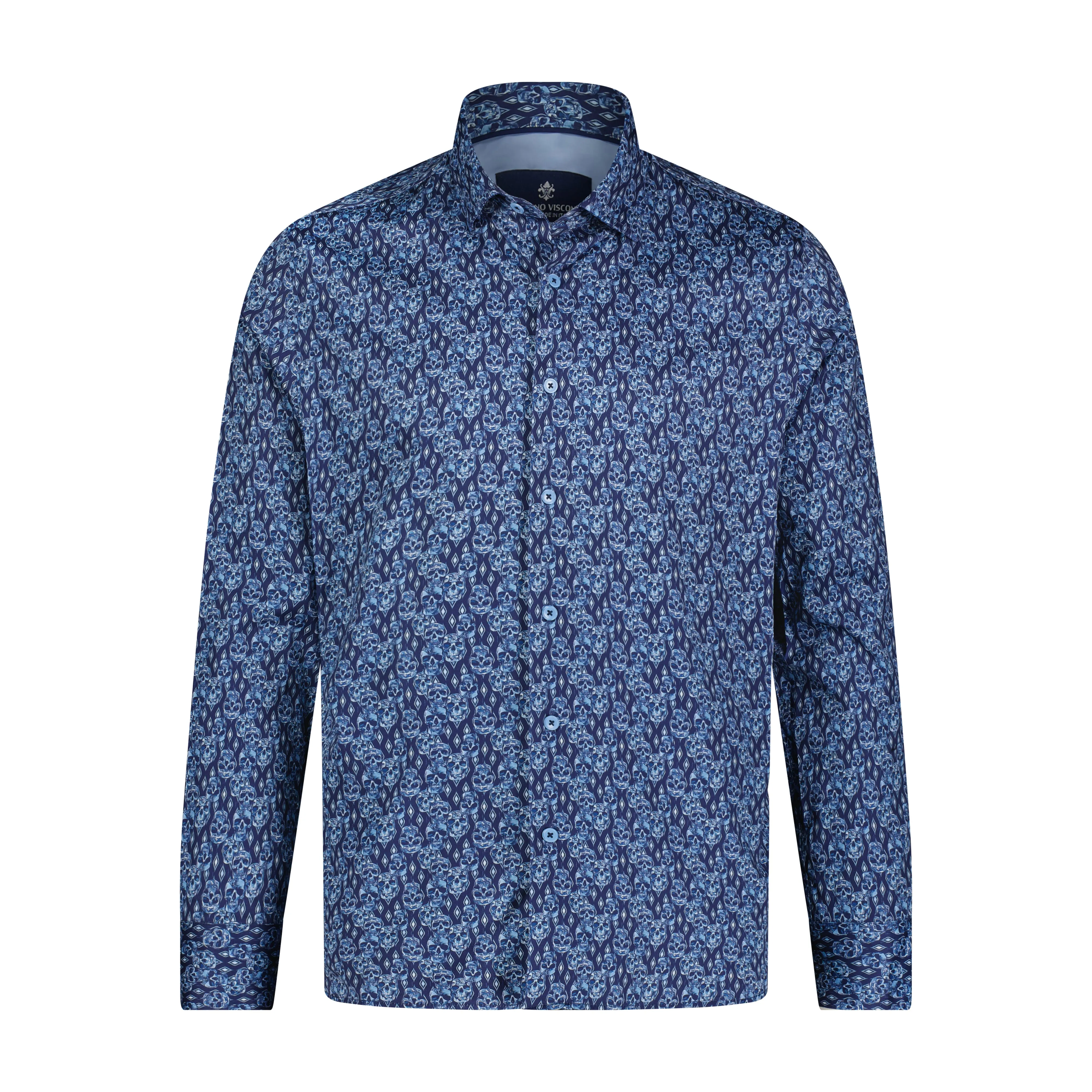 Navy and Lite Blue Skull Print Long Sleeve Shirt