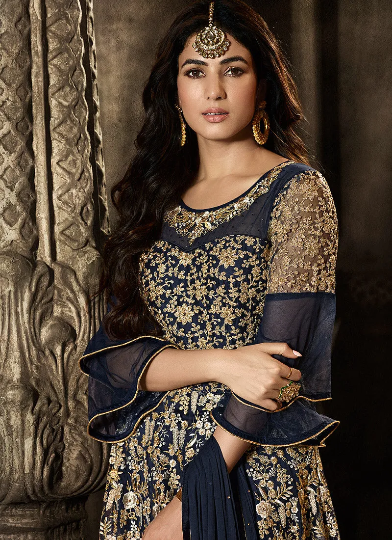 Navy Blue Golden Embroidered Slit Style Anarkali Suit