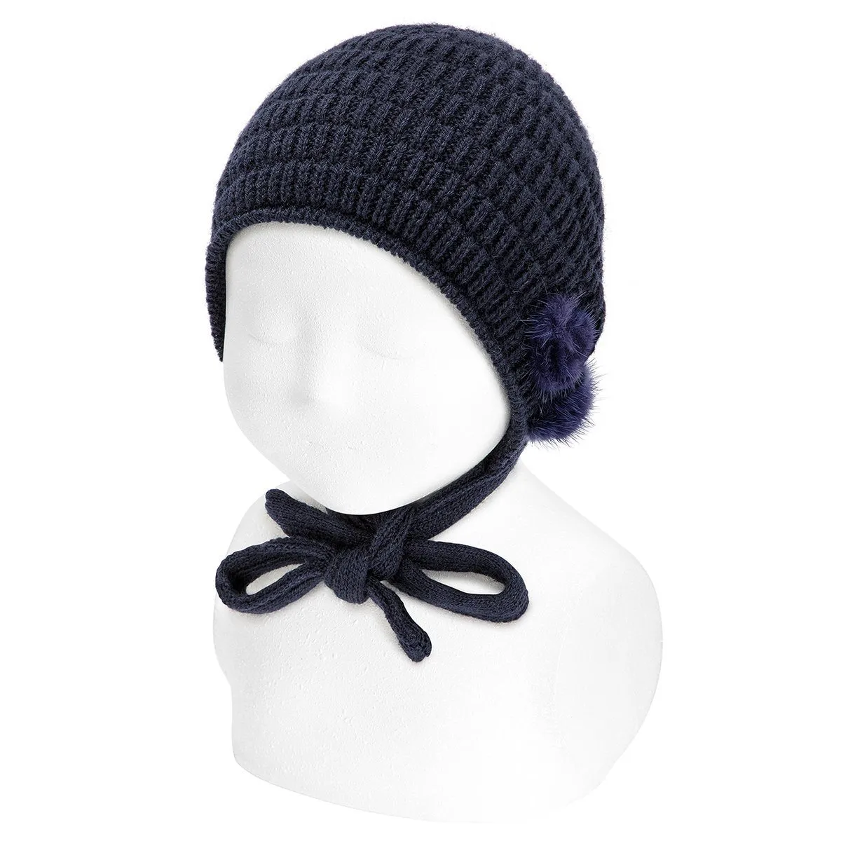 Navy Knitted Bonnet with Pom Poms