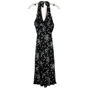 Nicole Miller Collection Halter Tie Palm Print Black Silk Midi Dress size 2