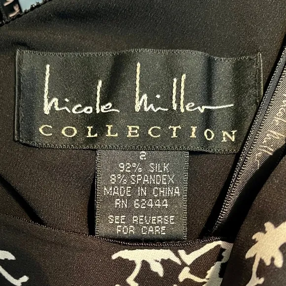Nicole Miller Collection Halter Tie Palm Print Black Silk Midi Dress size 2