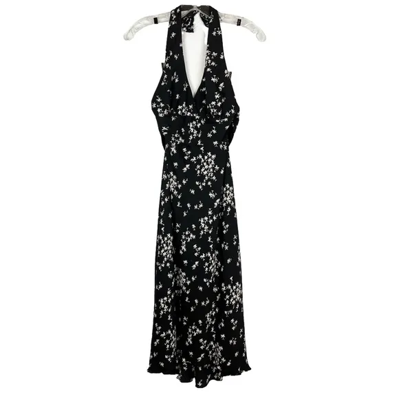 Nicole Miller Collection Halter Tie Palm Print Black Silk Midi Dress size 2