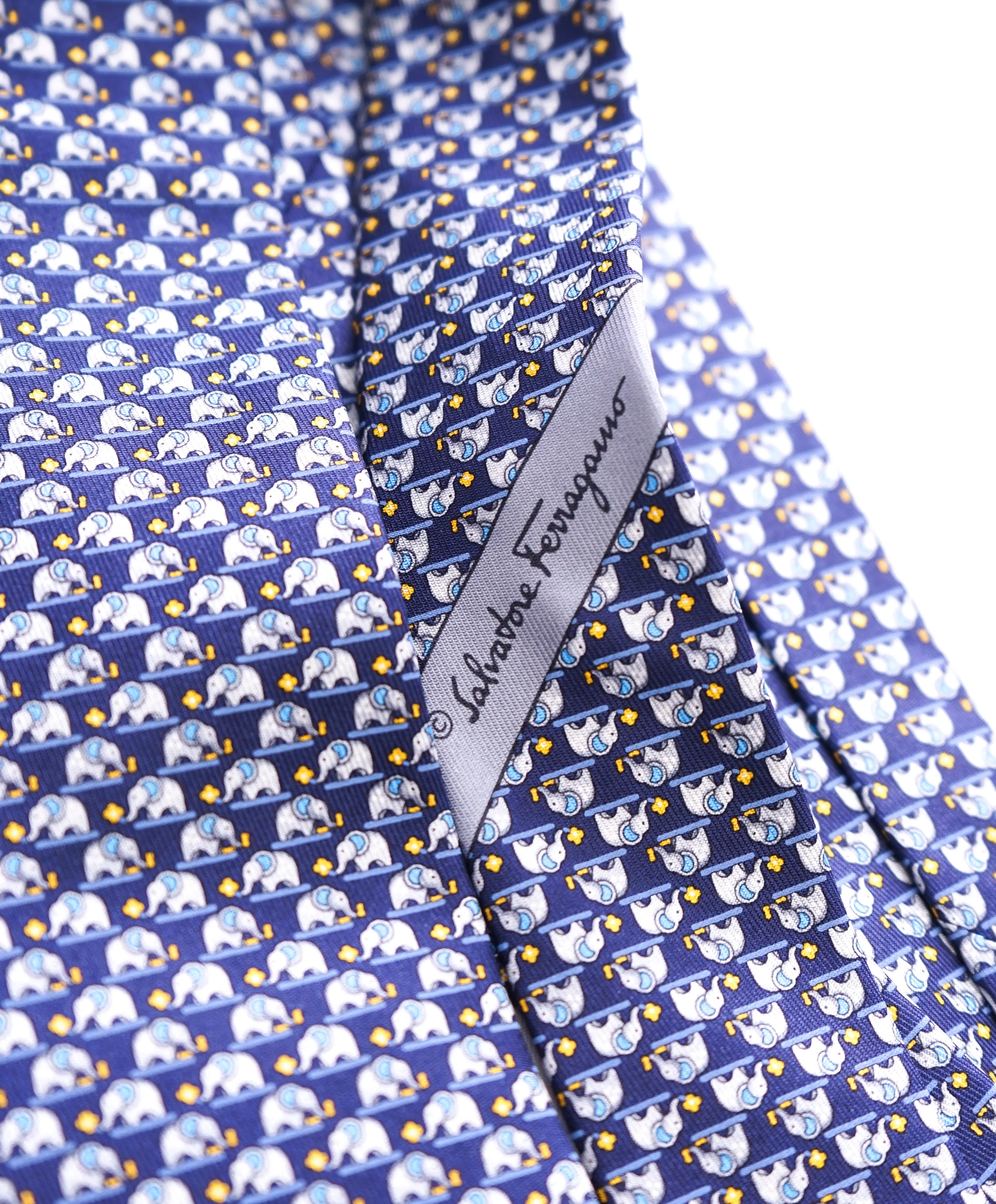 SALVATORE FERRAGAMO - Navy & Yellow Elephant Print Tie  -