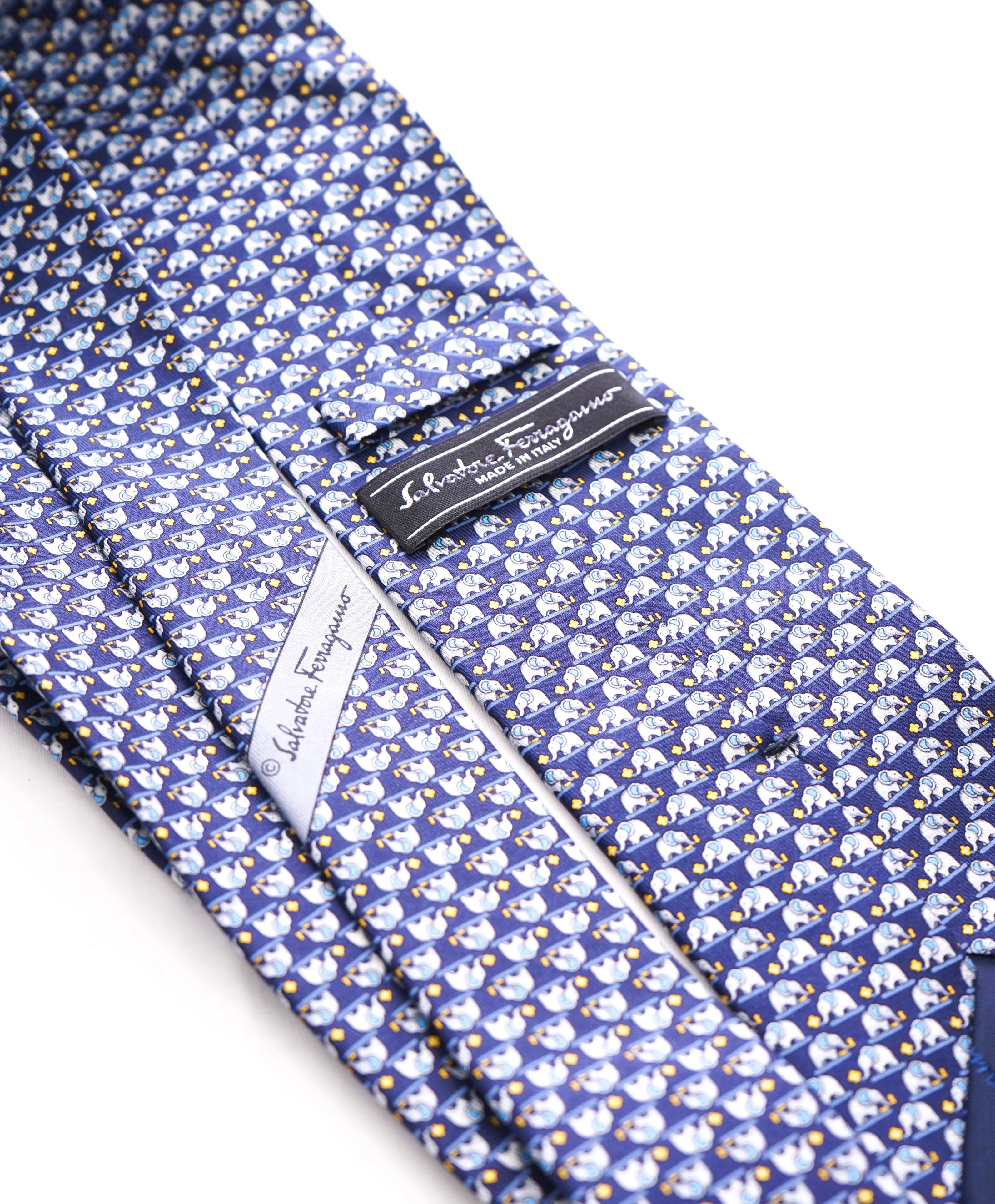 SALVATORE FERRAGAMO - Navy & Yellow Elephant Print Tie  -