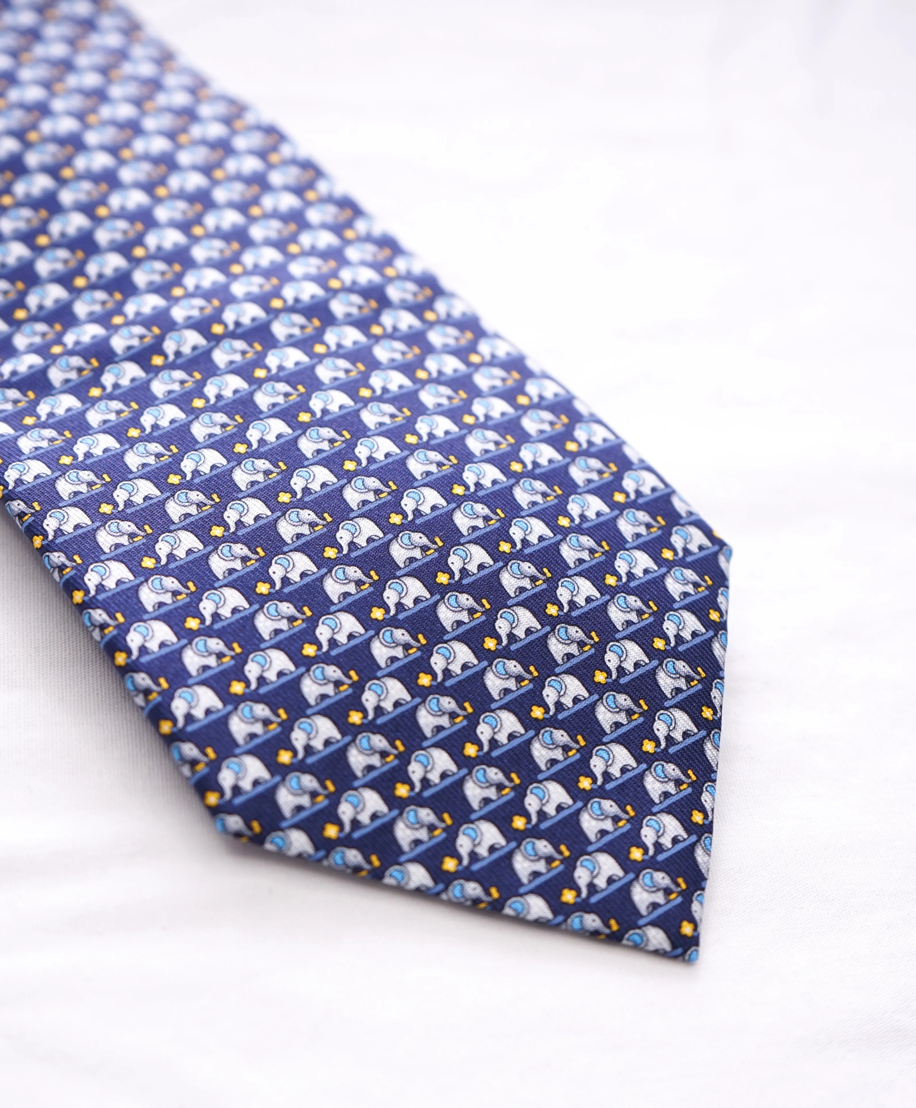 SALVATORE FERRAGAMO - Navy & Yellow Elephant Print Tie  -
