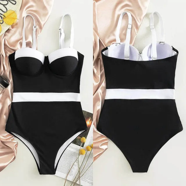 Sexy Push Up One Piece Swimsuit Colorblock Swimwear Women