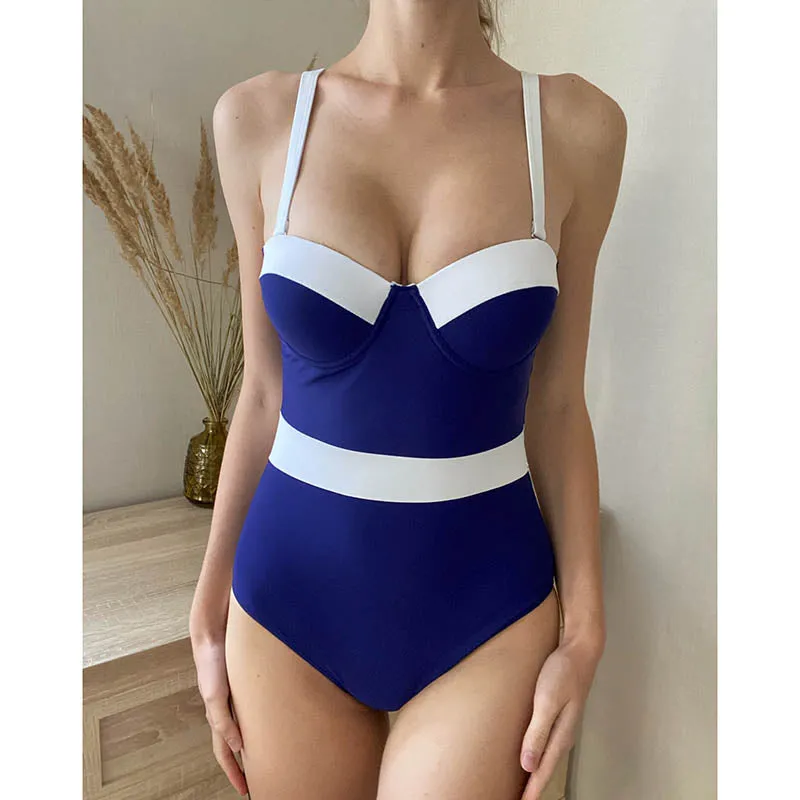 Sexy Push Up One Piece Swimsuit Colorblock Swimwear Women