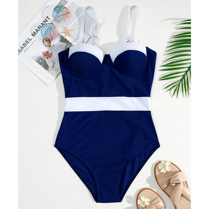 Sexy Push Up One Piece Swimsuit Colorblock Swimwear Women