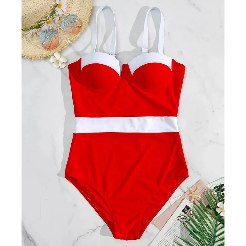 Sexy Push Up One Piece Swimsuit Colorblock Swimwear Women