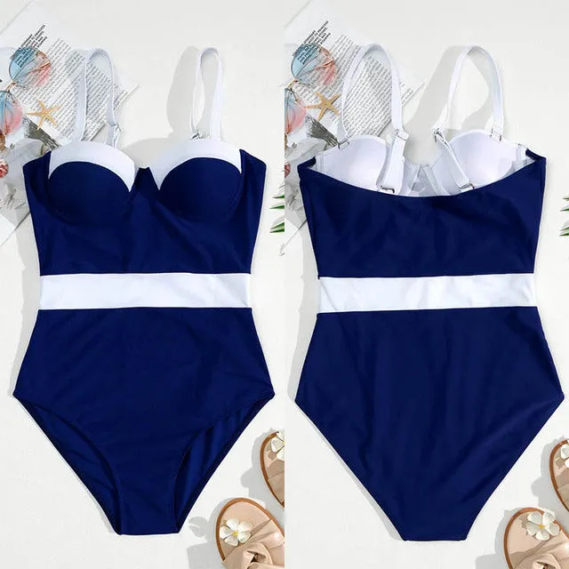 Sexy Push Up One Piece Swimsuit Colorblock Swimwear Women