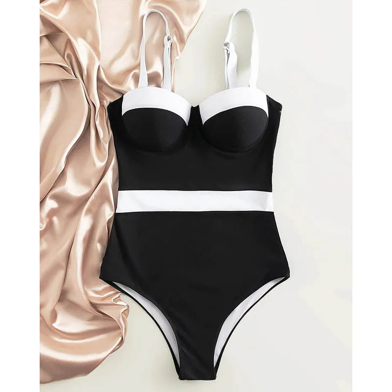Sexy Push Up One Piece Swimsuit Colorblock Swimwear Women