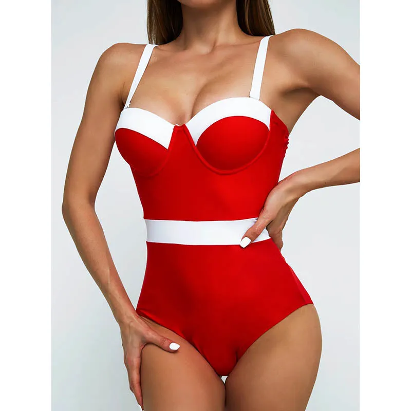 Sexy Push Up One Piece Swimsuit Colorblock Swimwear Women