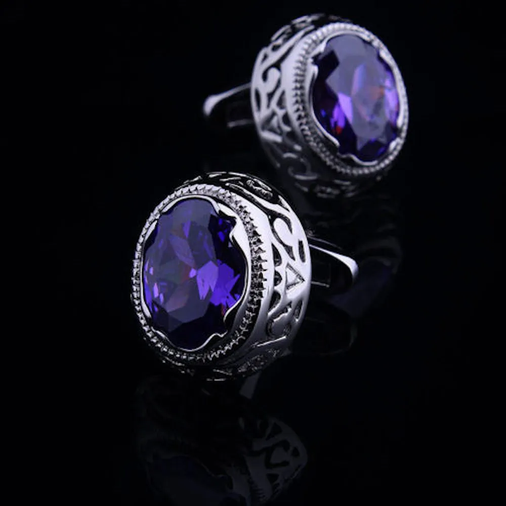 Silver with Purple Mens Stainless Steel Big Stone Cufflinks for Shirt with Box - Hand Crafted
