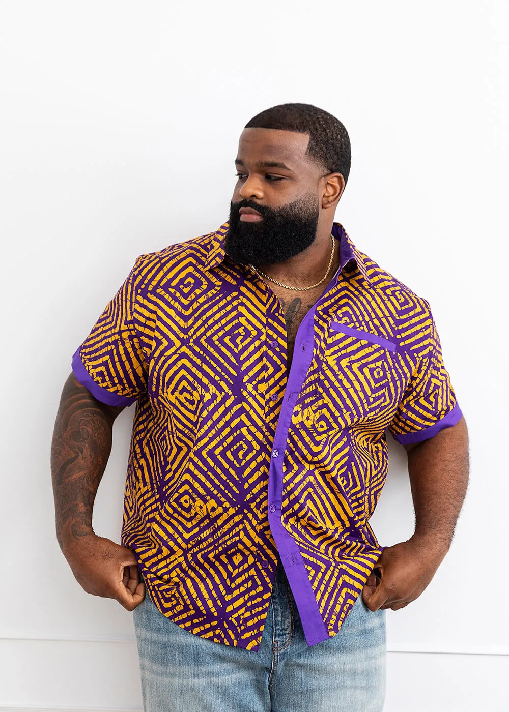 Tisholo Men's African Print Button-Up Shirt (Purple Diamond Adire) - Clearance