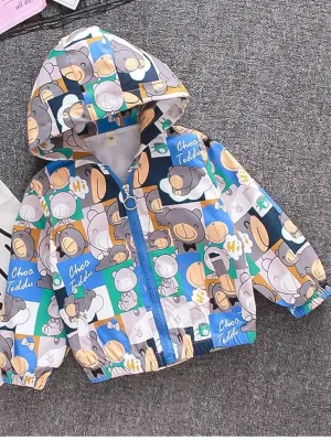 Toddler Boys Girls Cartoon Print Zip Windbreaker Jacket Kids Hooded Trench Lightweight Coats Baby Fall Clothes