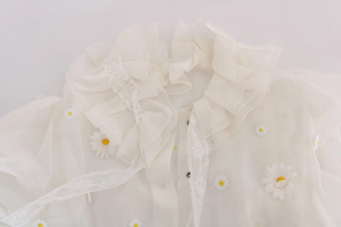 White Daisy Applique Silk Shirt