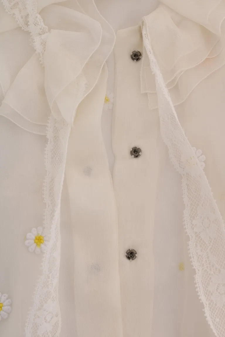 White Daisy Applique Silk Shirt