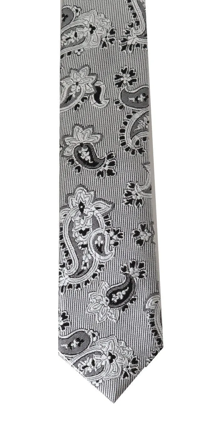 White Silk Black Paisley Slim Tie