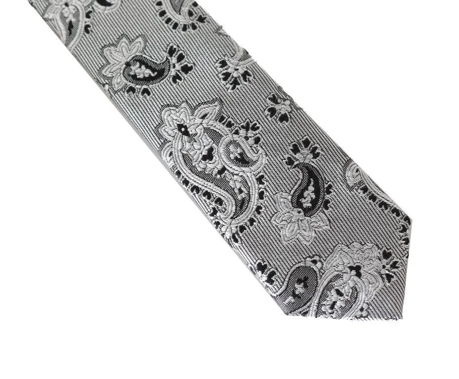 White Silk Black Paisley Slim Tie