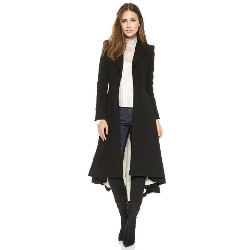 Women Coat style Long Sleeve Casual Trench Coat Long Maxi Dovetail Fashion Slim Black Trench Coats NC-745
