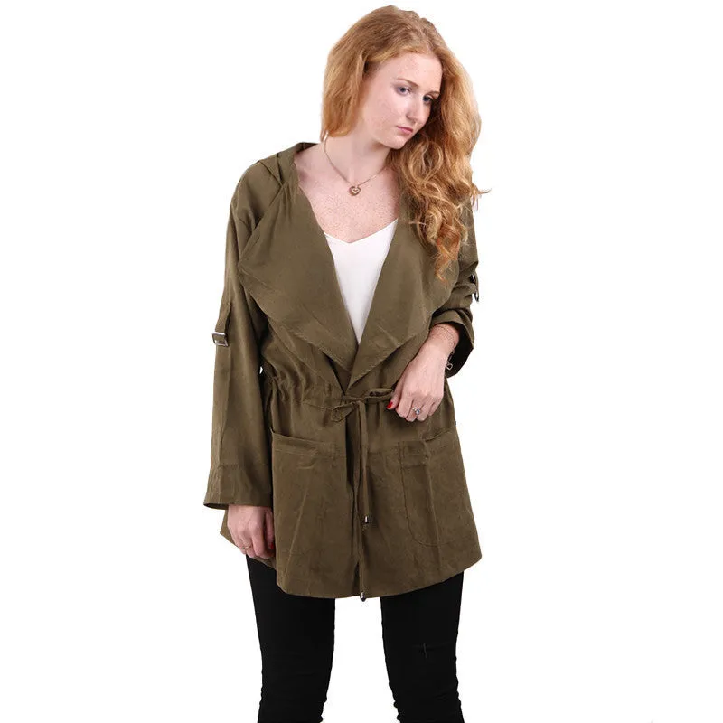 Women hooded long trench casual loose long sleeve solid coats casaco feminine Adjustable Waist street wear tops CT1083