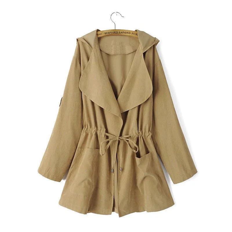 Women hooded long trench casual loose long sleeve solid coats casaco feminine Adjustable Waist street wear tops CT1083
