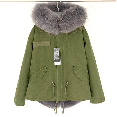 Women Winter Army Green Jacket Coats Thick Parkas Plus Size Real Fur Collar Hooded Outwear
