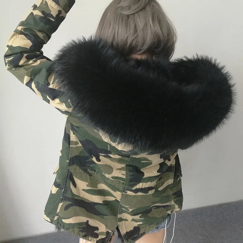 Women Winter Army Green Jacket Coats Thick Parkas Plus Size Real Fur Collar Hooded Outwear