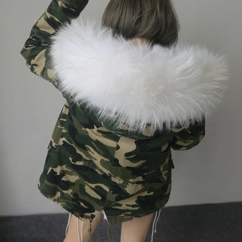 Women Winter Army Green Jacket Coats Thick Parkas Plus Size Real Fur Collar Hooded Outwear