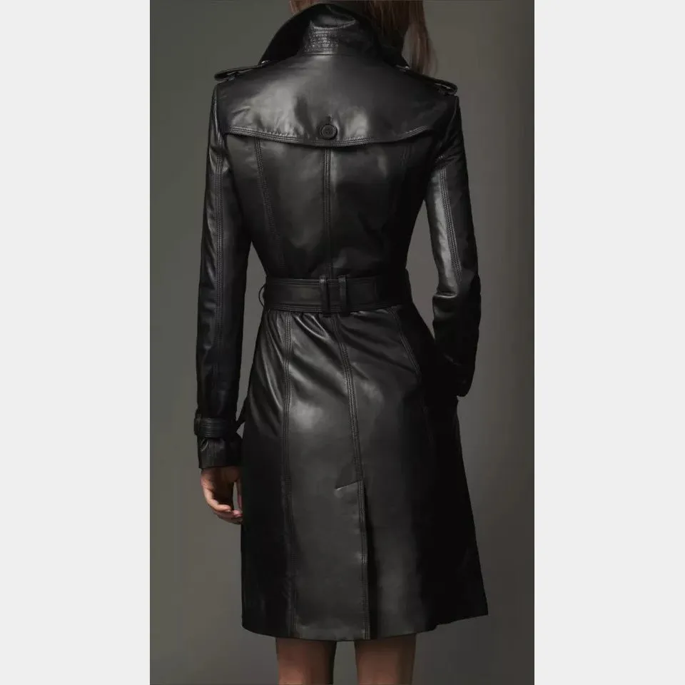Women's Black Genuine Leather Knee-Length Trench Coat