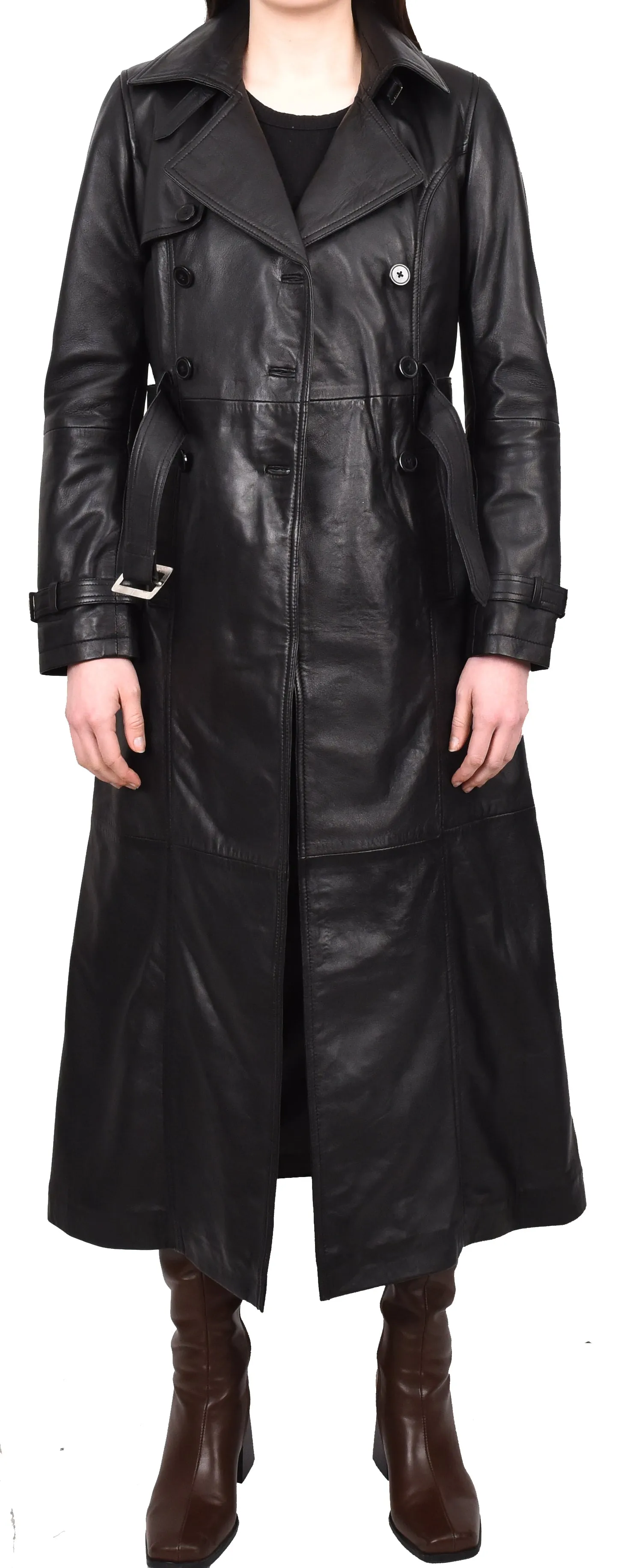 Women's Genuine Leather Full Length Trench Coat Black Spellcoat