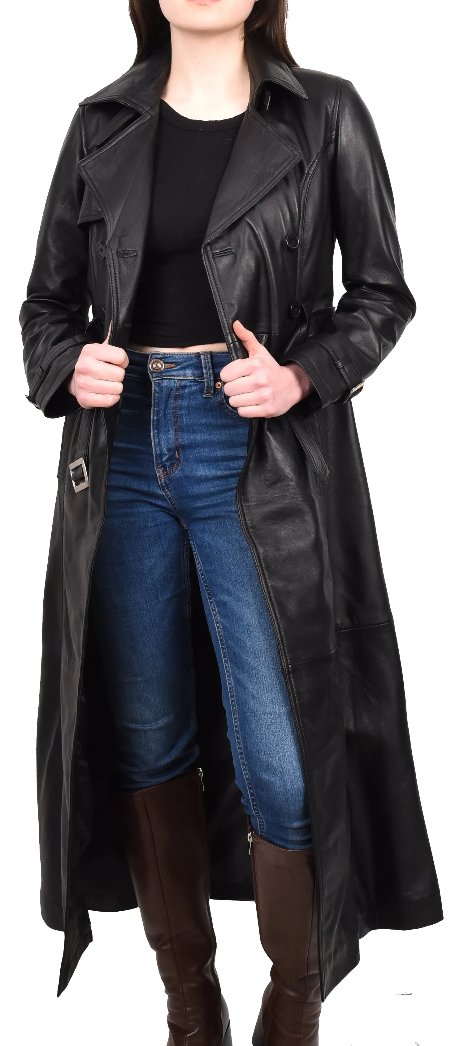 Women's Genuine Leather Full Length Trench Coat Black Spellcoat