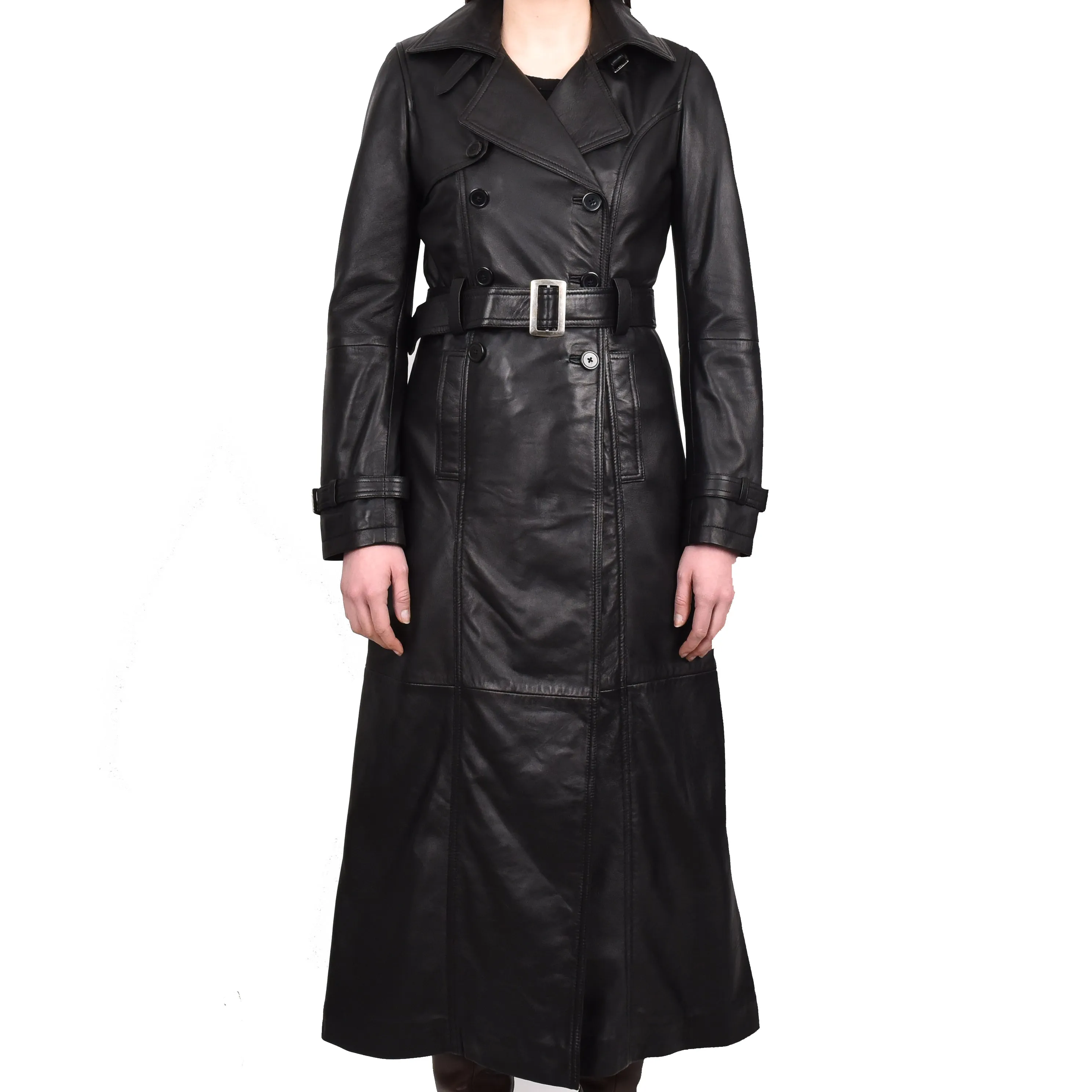 Women's Genuine Leather Full Length Trench Coat Black Spellcoat