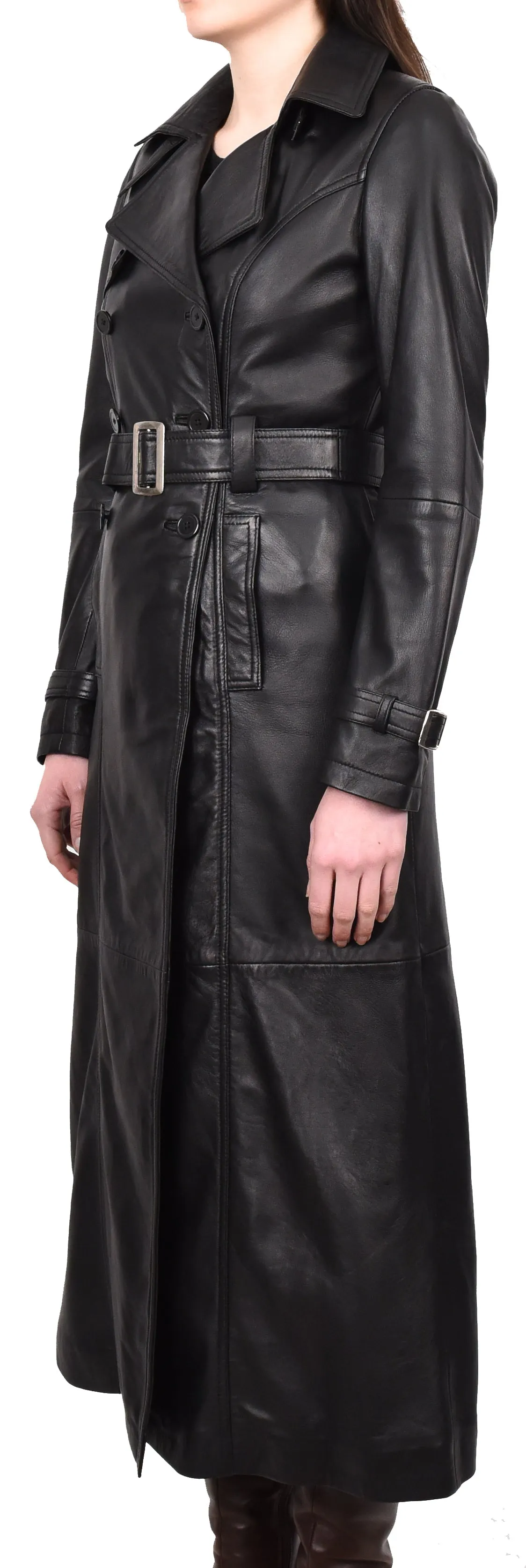 Women's Genuine Leather Full Length Trench Coat Black Spellcoat