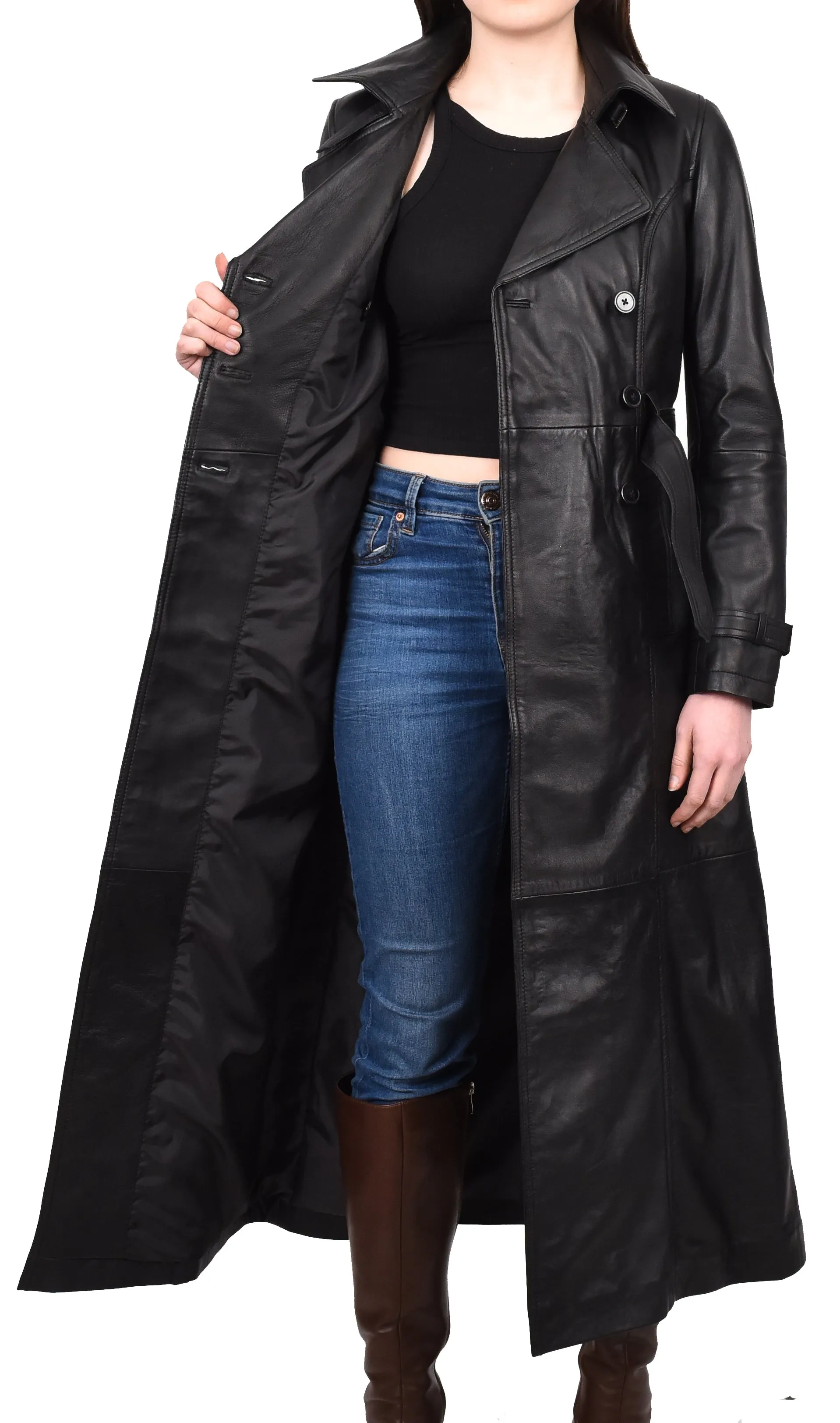 Women's Genuine Leather Full Length Trench Coat Black Spellcoat