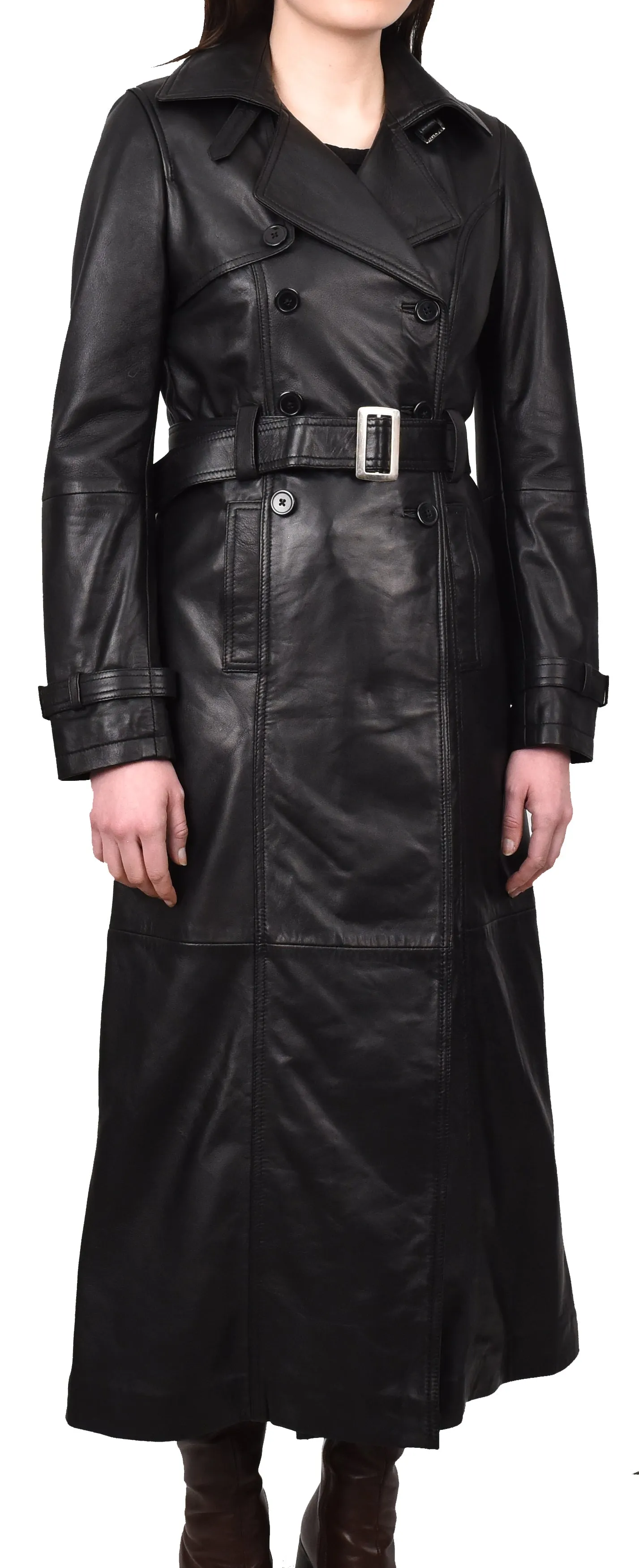 Women's Genuine Leather Full Length Trench Coat Black Spellcoat