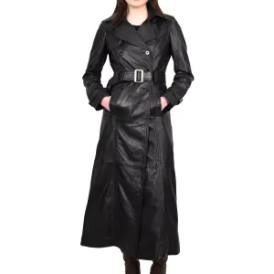 Women's Genuine Leather Full Length Trench Coat Black Spellcoat