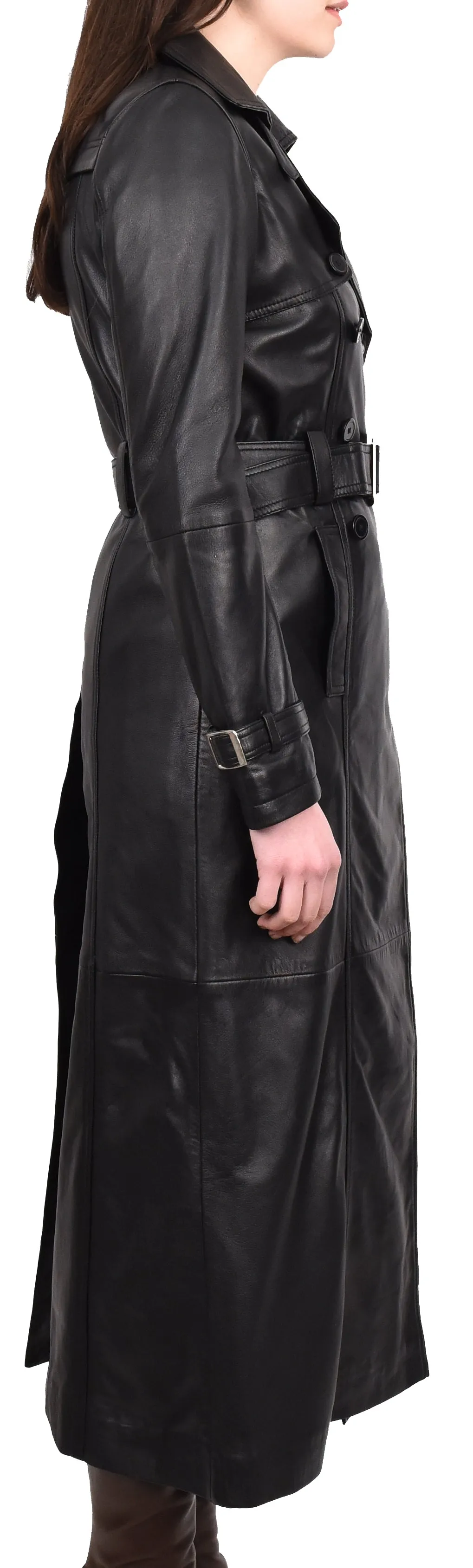 Women's Genuine Leather Full Length Trench Coat Black Spellcoat