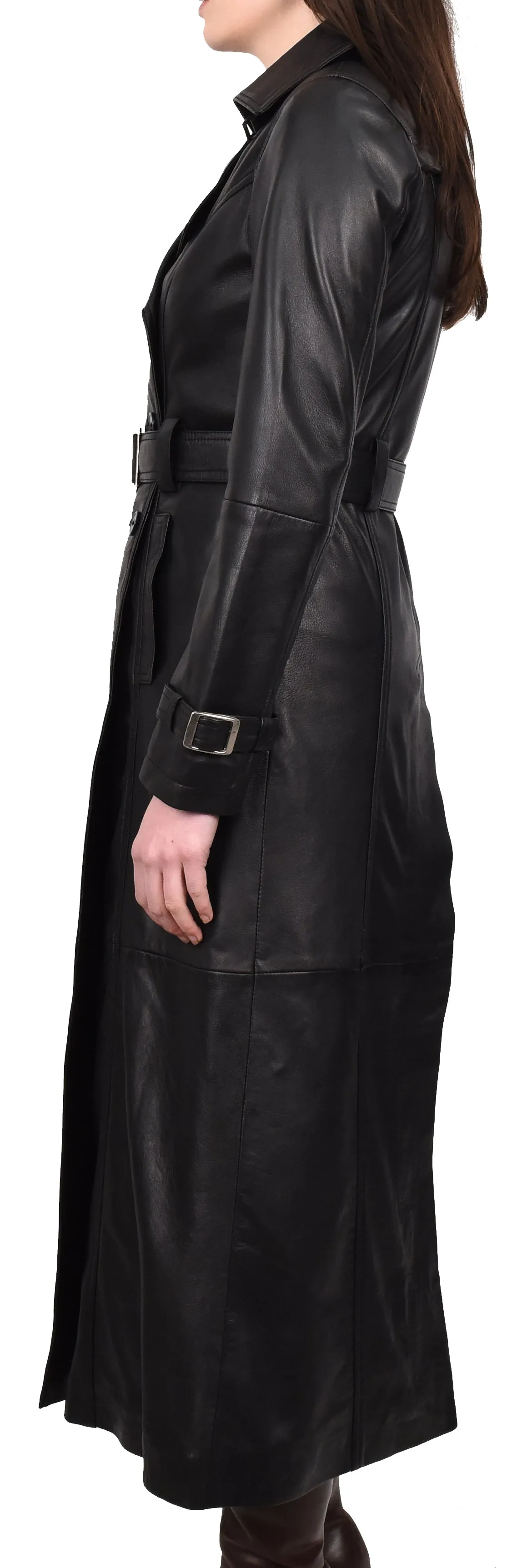 Women's Genuine Leather Full Length Trench Coat Black Spellcoat