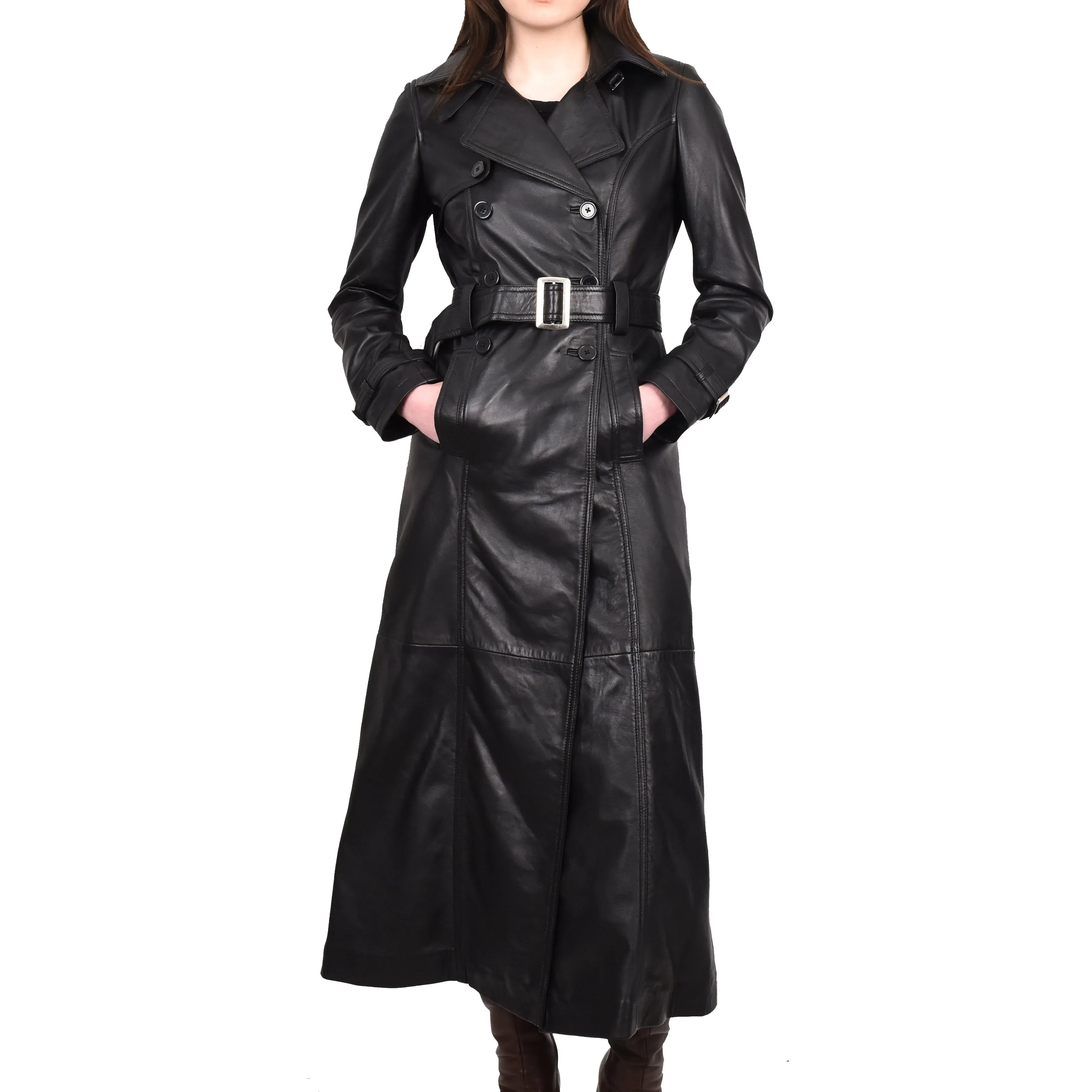 Women's Genuine Leather Full Length Trench Coat Black Spellcoat
