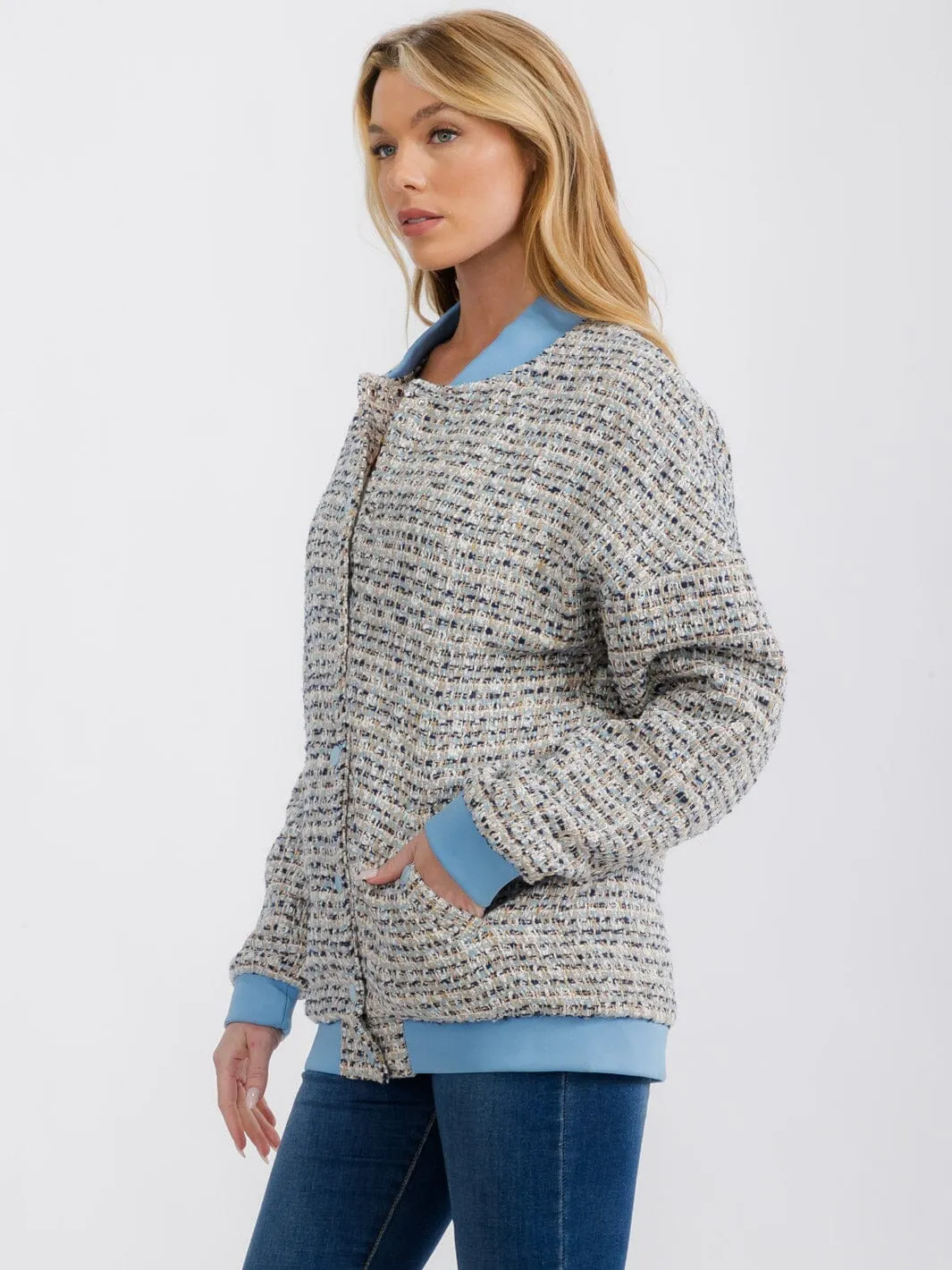 WOMEN'S LONG SLEEVE BUTTON UP POCKETS TWEED JACKET