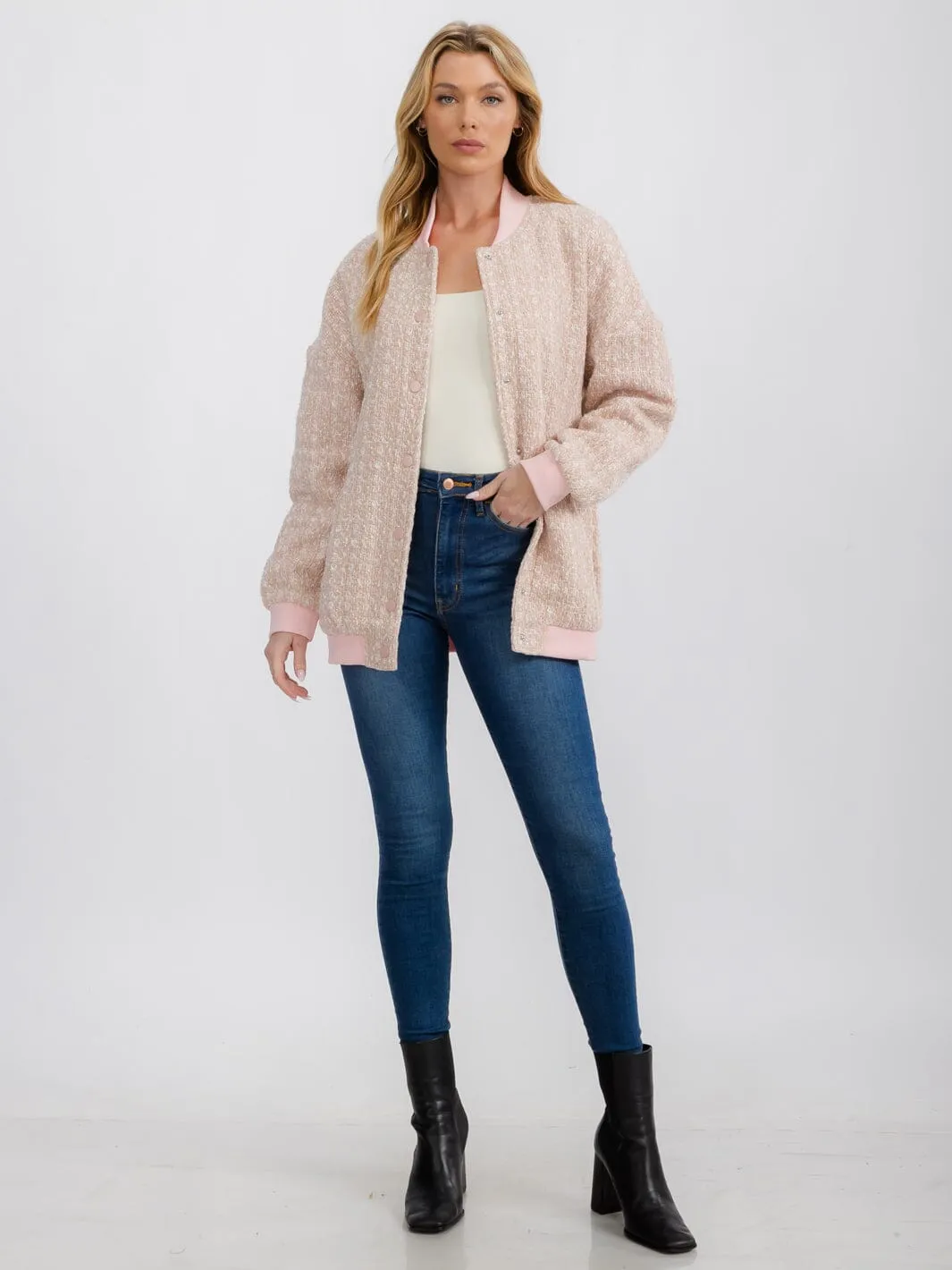 WOMEN'S LONG SLEEVE BUTTON UP POCKETS TWEED JACKET