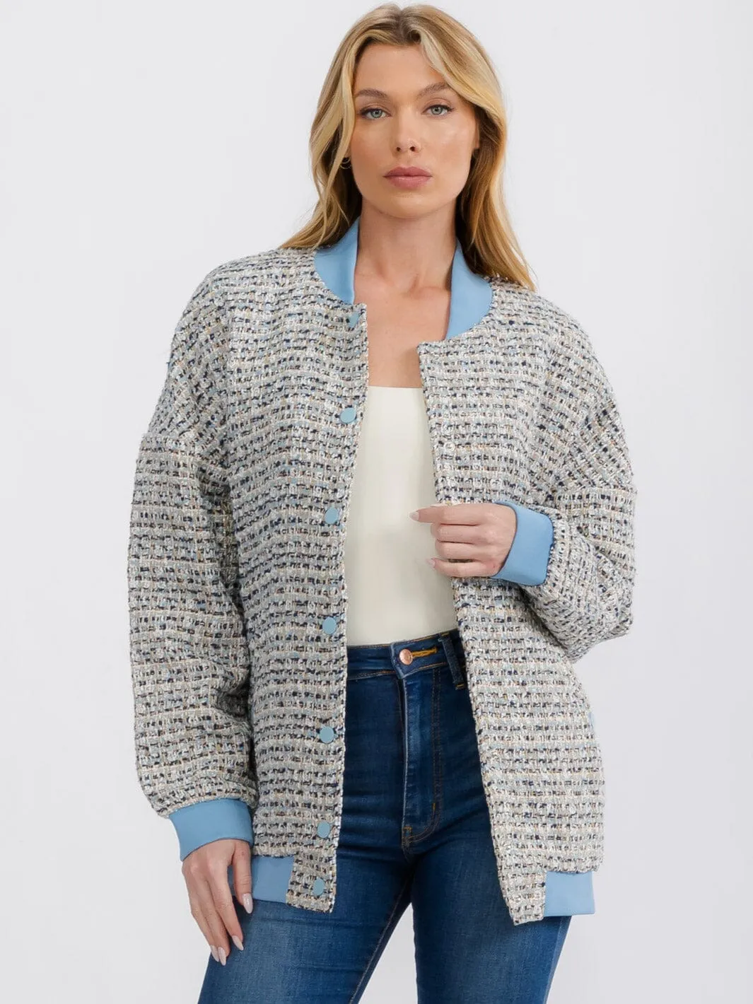 WOMEN'S LONG SLEEVE BUTTON UP POCKETS TWEED JACKET